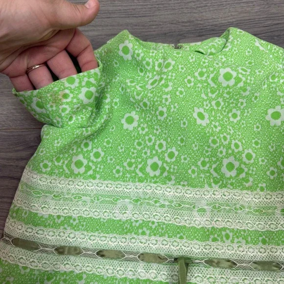 Vintage Handmade Girls 3T Green Floral Lace Shift Dress Short Sleeve Retro 70s - Picture 12 of 14